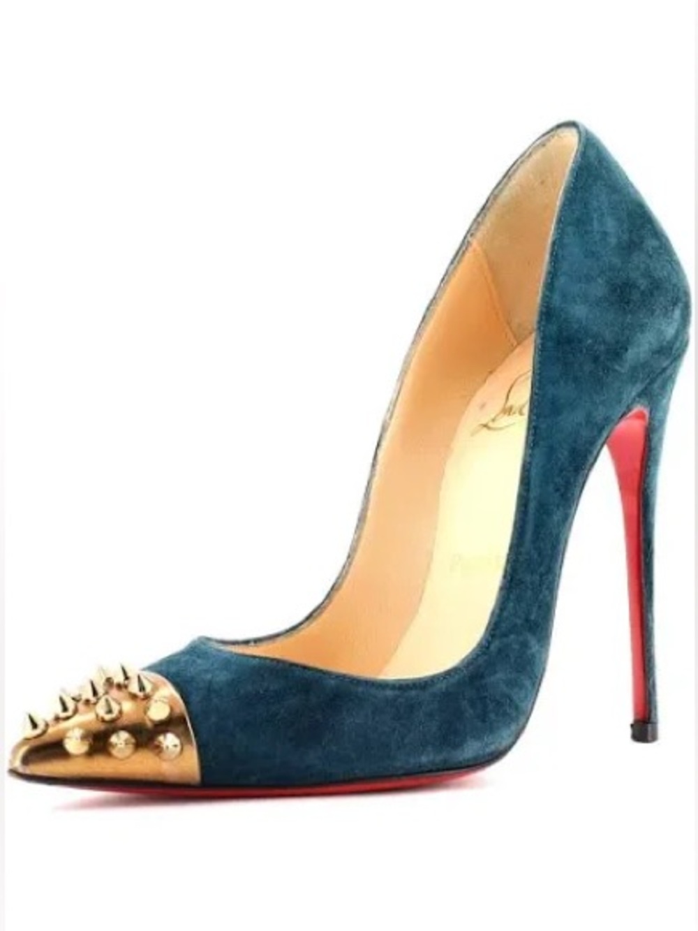 Christian Louboutin Teal Suede Pointed Toe Pumps with Gold Studded Caps